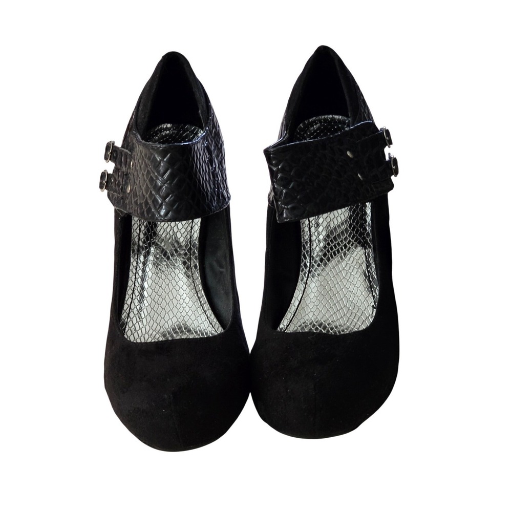 Bamboo Black Faux Suede Snakeskin Platform Pumps Double Buckle Heels 10M 40